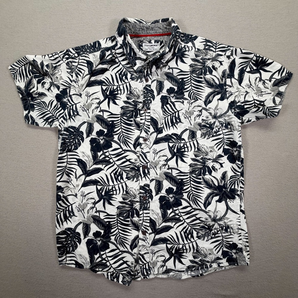 Eighth Avenue Button Down Mens L Black White Tropical Floral Cotton Shirt